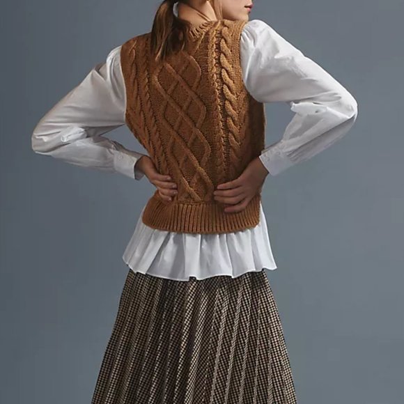 By Anthropologie Sweater Vest & Blouse Layered Top Honey Brown Large Petite LP - Picture 2 of 9